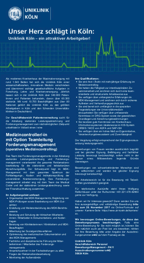 Universitätsklinikum Köln: Medizincontroller / Teamleiter Forderungsmanagement (m/w)