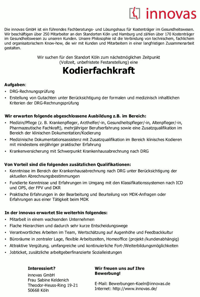 innovas GmbH, Köln: Kodierfachkraft (m/w)