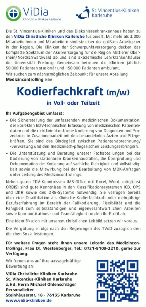 ViDia Christliche Kliniken Karlsruhe: Kodierfachkraft (m/w)