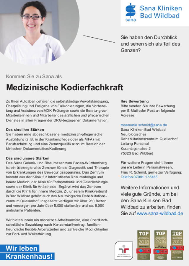 Sana Kliniken Bad Wildbad: Medizinische Kodierfachkraft (m/w)