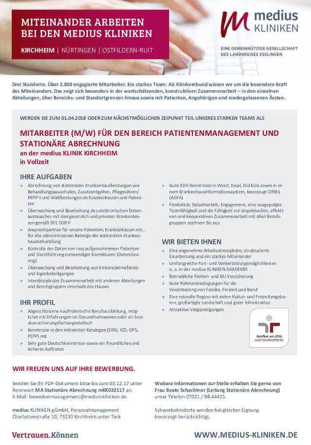 medius Kliniken gGmbH, Kirchheim u. Teck: Mitarbeiter Patientenmanagement / stationäre Abrechnung (m/w)