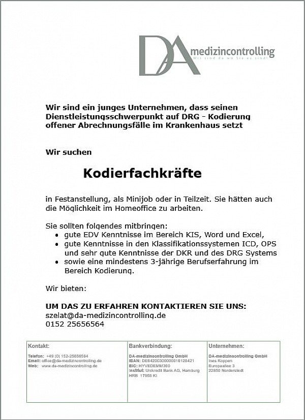 DA-Medizincontrolling GmbH, Norderstedt: Kodierfachkräfte (m/w)