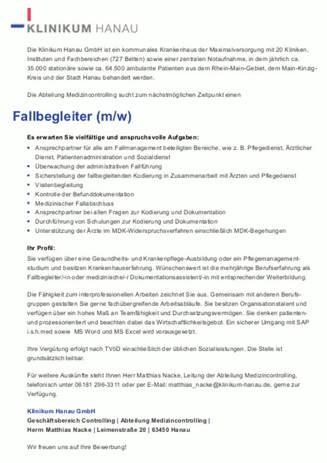 Klinikum Hanau GmbH: Fallbegleiter (m/w)