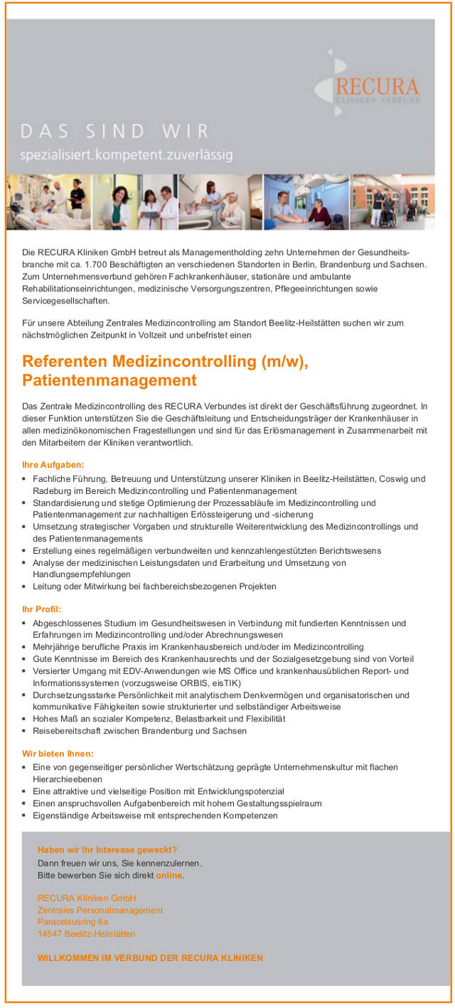 RECURA Kliniken GmbH, Beelitz-Heilstätten: Referent Medizincontrolling, Patientenmanagement (m/w)