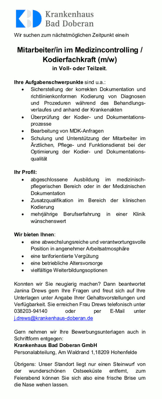 Krankenhaus Bad Doberan: Mitarbeiter Medizincontrolling / Kodierfachkraft (m/w)