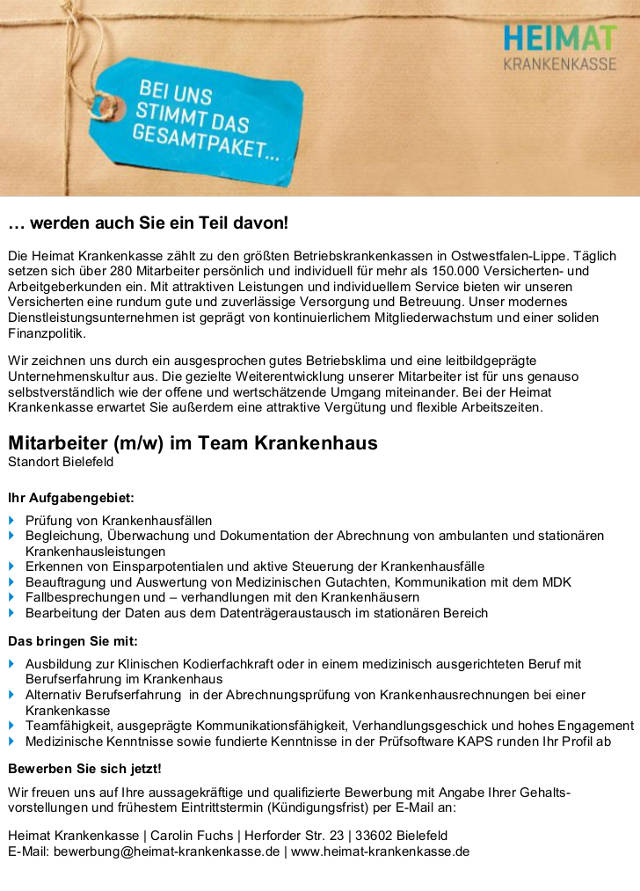 Heimat Krankenkasse, Bielefeld: Mitarbeiter Team Krankenhaus (m/w)