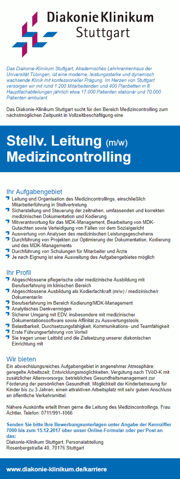 Diakonie-Klinikum Stuttgart: Stellv. Leitung Medizincontrolling (m/w)