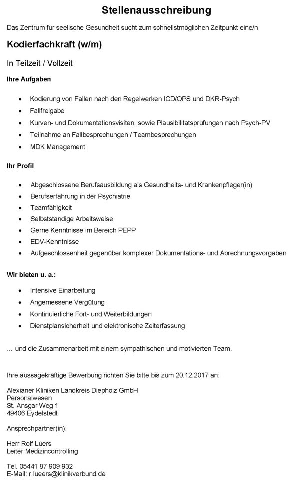 Alexianer Kliniken Landkreis Diepholz GmbH, Eydelstedt: Kodierfachkraft (w/m)
