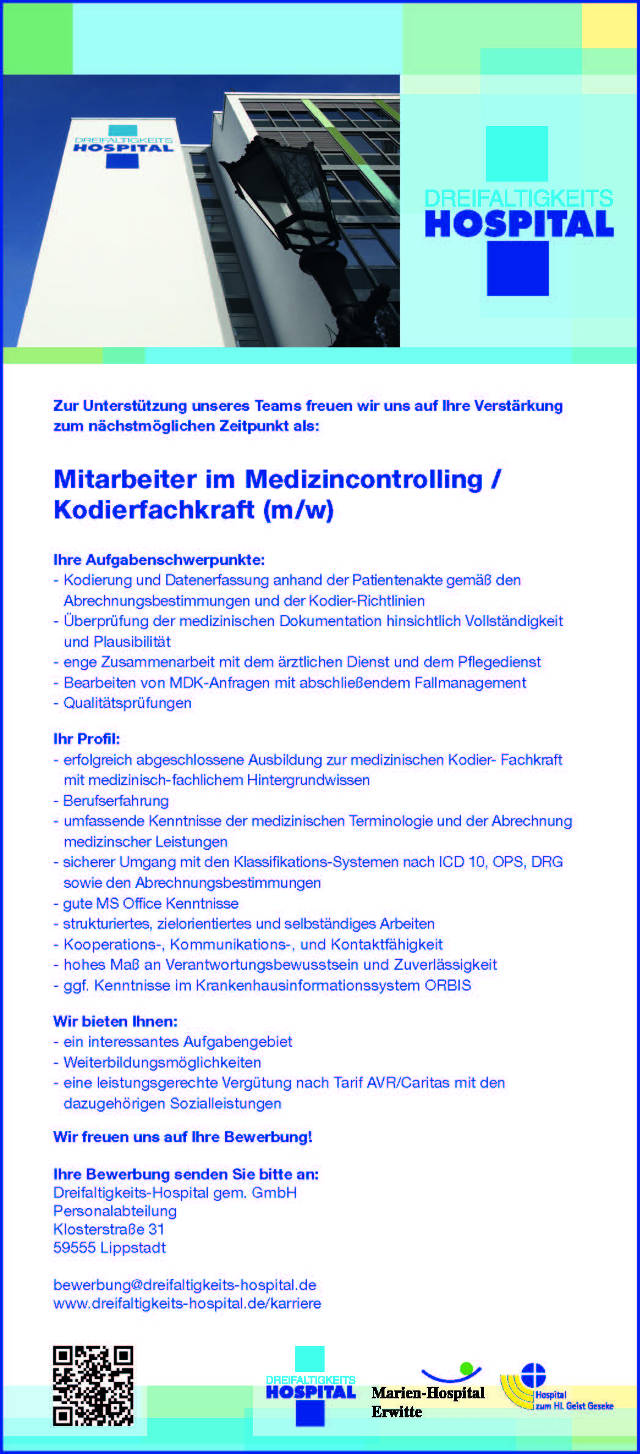 Dreifaltigkeits-Hospital gGmbH, Lippstadt: Mitarbeiter Medizincontrolling / Kodierfachkraft (m/w)