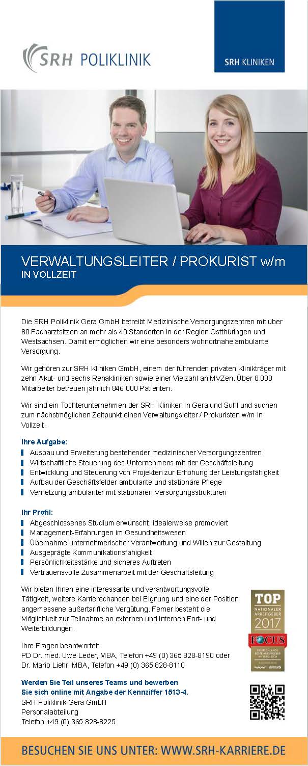 SRH Poliklinik Gera GmbH: Verwaltungsleiter / Prokurist (w/m)