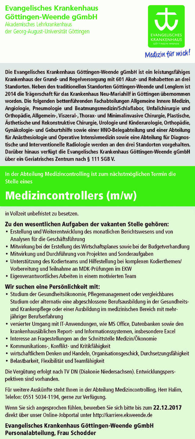 Evangelisches Krankenhaus Göttingen-Weende gGmbH: Medizincontroller (m/w)