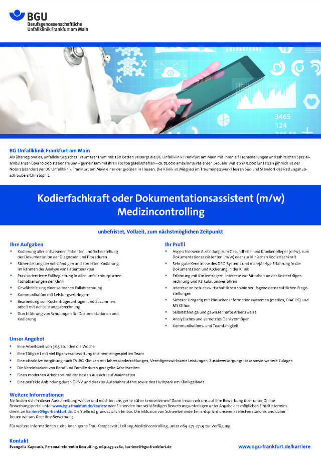Berufsgenossenschaftliche Unfallklinik Frankfurt am Main: Kodierfachkraft / Dokumentationsassistent (m/w)