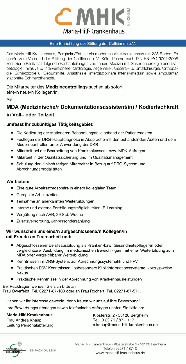 Maria-Hilf-Krankenhaus Bergheim: MDA Med. Dokumentationsassistent / Kodierfachkraft (m/w)