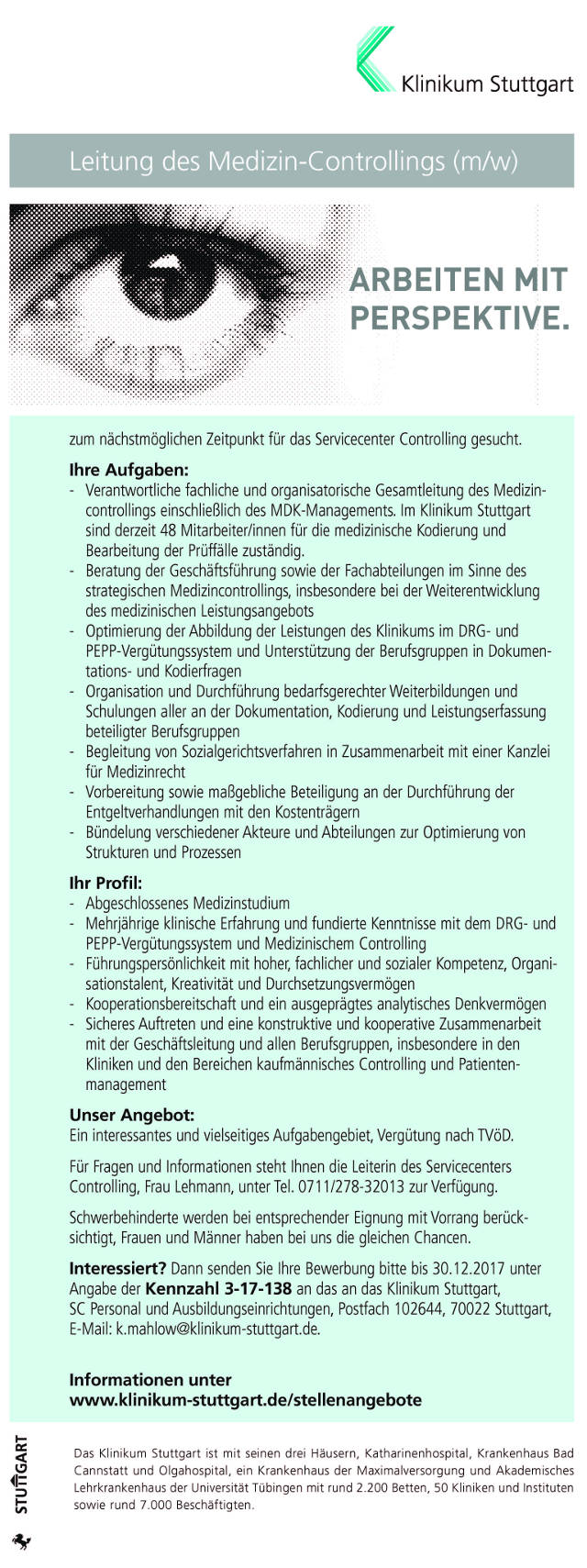 Klinikum Stuttgart: Leitung des Medizin-Controllings (m/w)