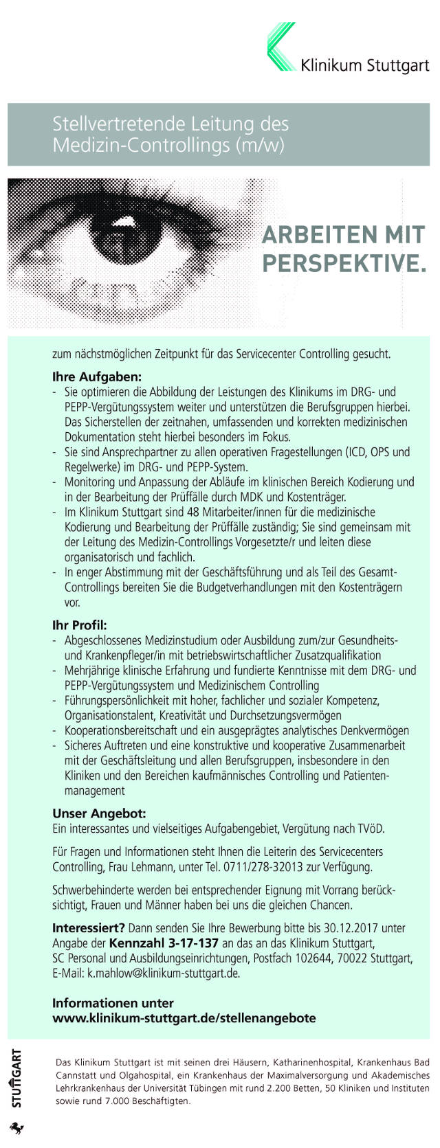 Klinikum Stuttgart: Stellvertretende Leitung des Medizin-Controllings (m/w)