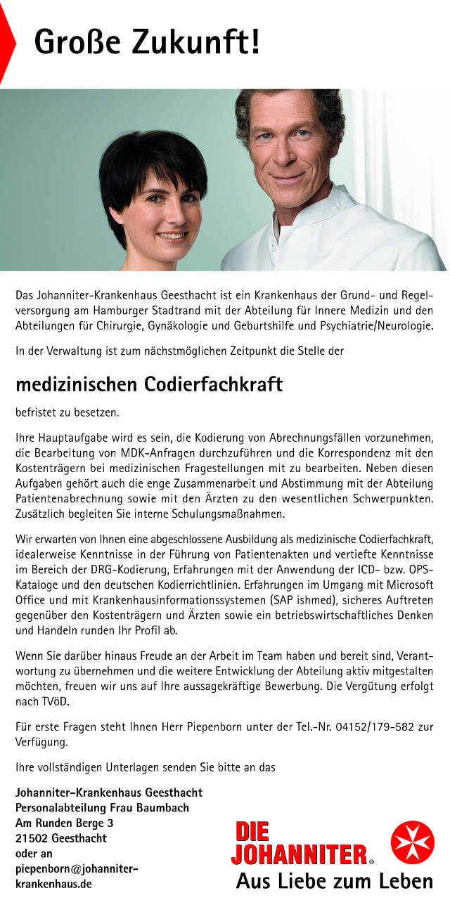 Johanniter-Krankenhaus Geesthacht: Medizinische Codierfachkraft (m/w)