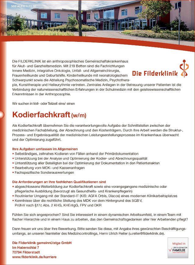 Filderklinik gemeinnützige GmbH, Filderstadt: Kodierfachkraft (w/m)