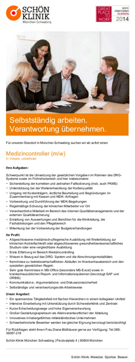 Schön Klinik München Schwabing: Medizincontroller (m/w)