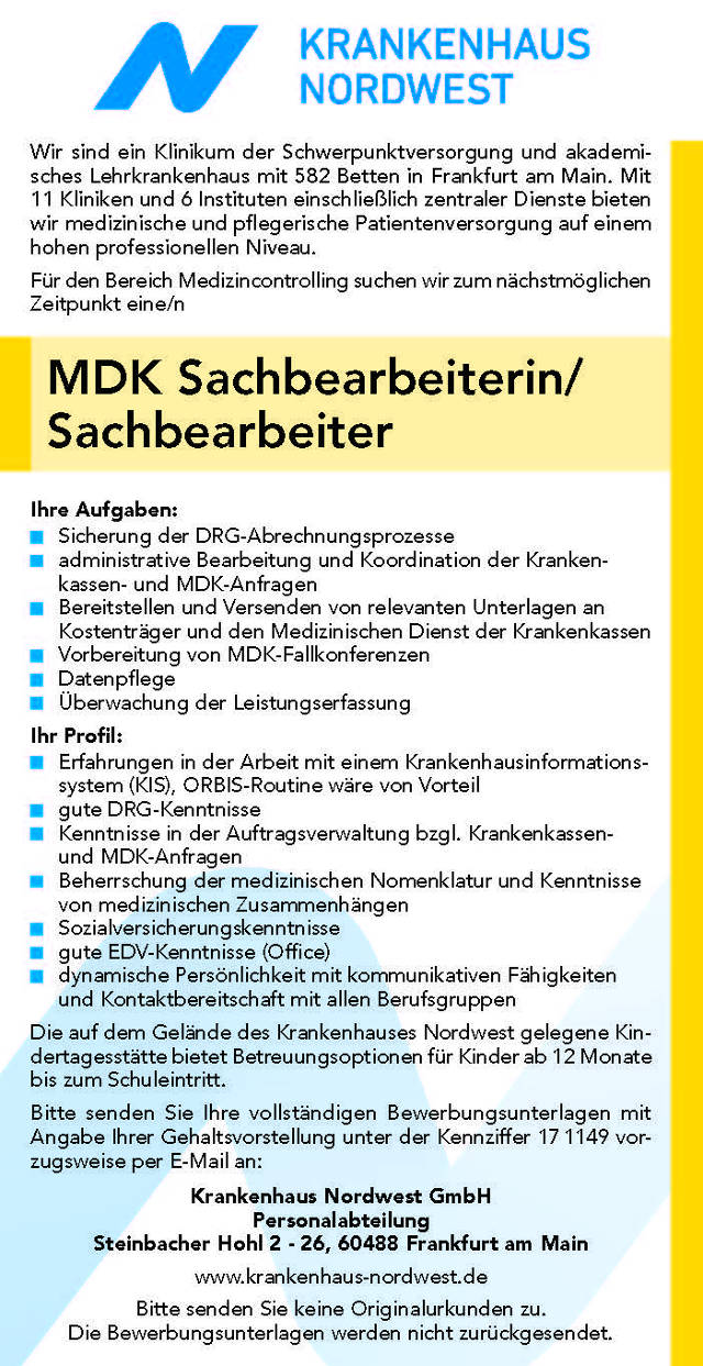 Nordwest Krankenhaus Frankfurt a.M.: MDK Sachbearbeiter (m/w)