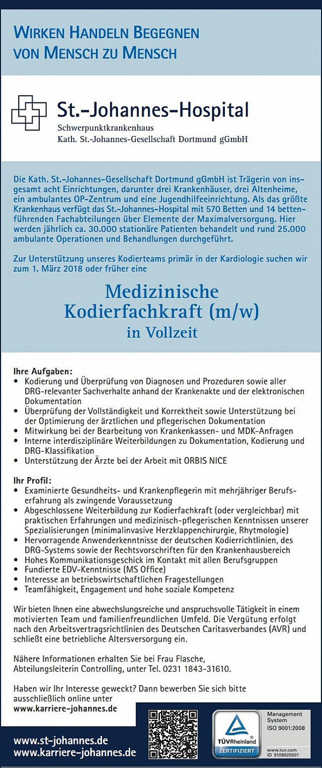 Kath. St.-Johannes-Gesellschaft Dortmund gGmbH: Medizinische Kodierfachkraft (m/w)