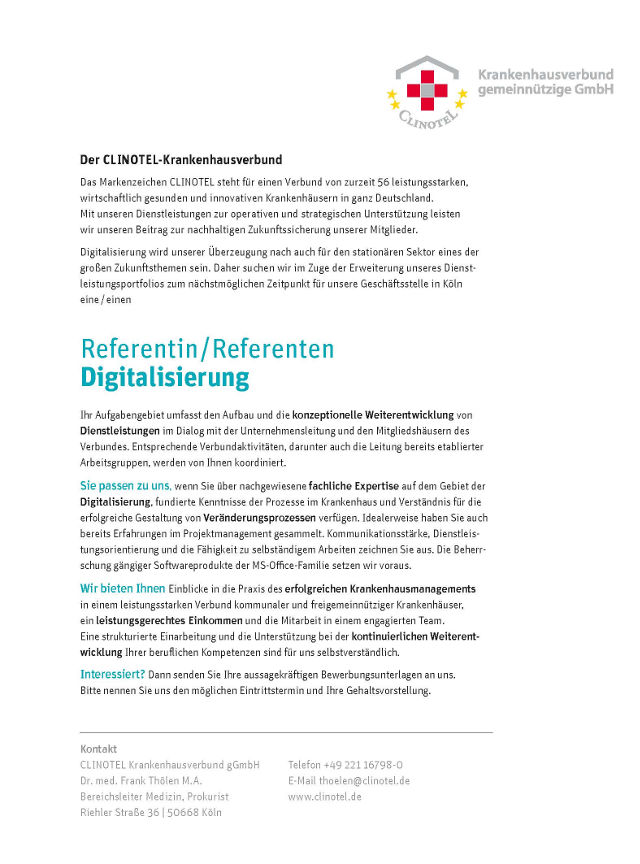 CLINOTEL Krankenhausverbund gGmbH, Köln: Referent Digitalisierung (m/w)