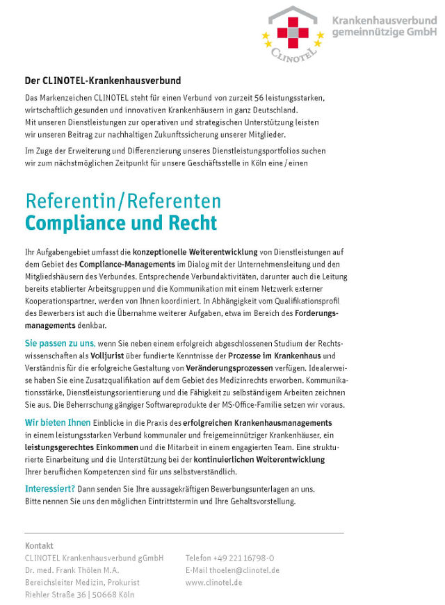 CLINOTEL Krankenhausverbund gGmbH, Köln: Referent Compliance und Recht (m/w)