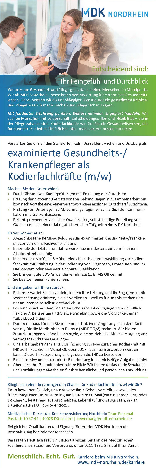 Medizinischer Dienst der Krankenversicherung Nordrhein, Düsseldorf: Examinierte Gesundheits-/Krankenpfleger als Kodierfachkräfte (m/w)
