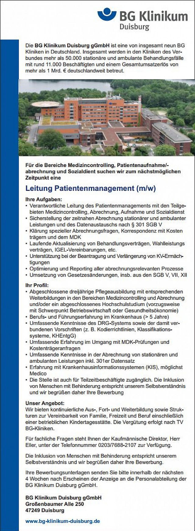 BG Klinikum Duisburg gGmbH: Leitung Patientenmanagement (m/w) (m/w)