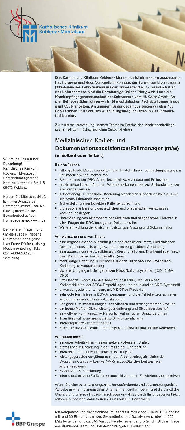Katholisches Klinikum Koblenz Montabaur: Medizinischer Kodier- und Dokumentationsassistent / Fallmanager (m/w)
