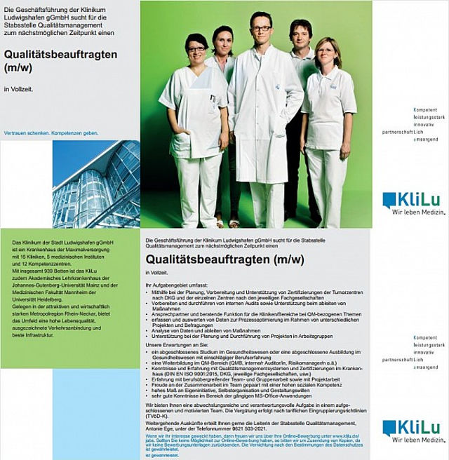 Klinikum der Stadt Ludwigshafen am Rhein gGmbH: Qualitätsbeauftragter (m/w)