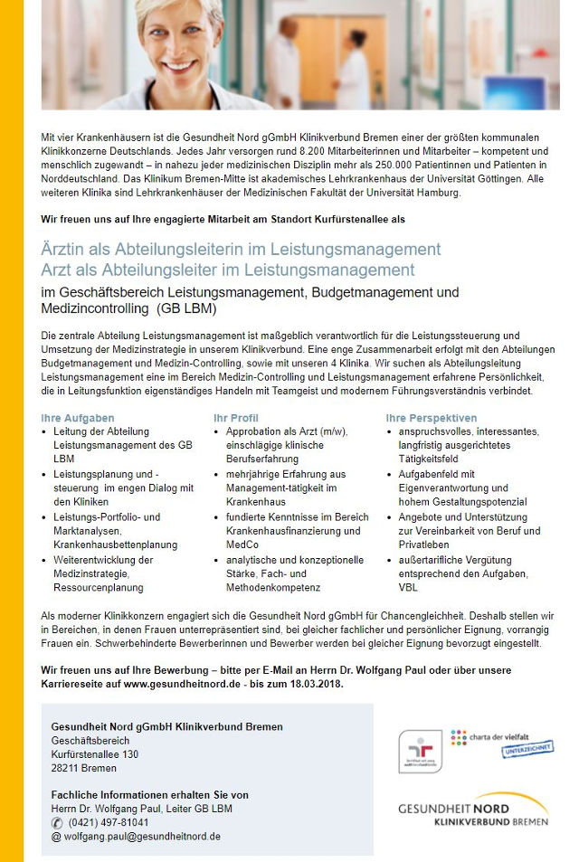 Gesundheit Nord gGmbH Klinikverbund Bremen: Arzt als Abteilungsleitung Leistungsmanagement (m/w)