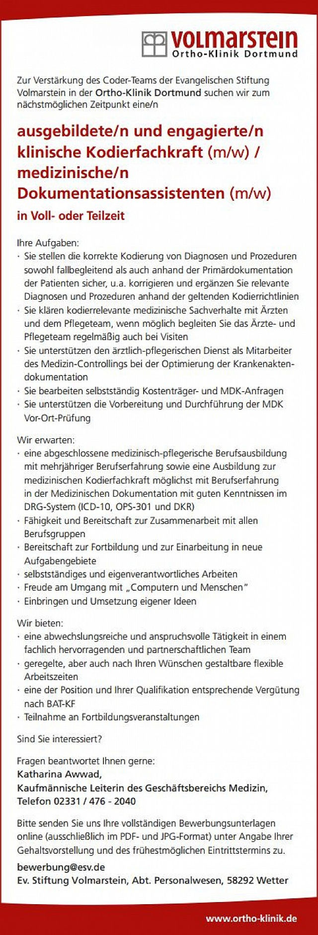Ortho-Klinik Dortmund: Klinische Kodierfachkraft / medizinischer Dokumentationsassistent (m/w)