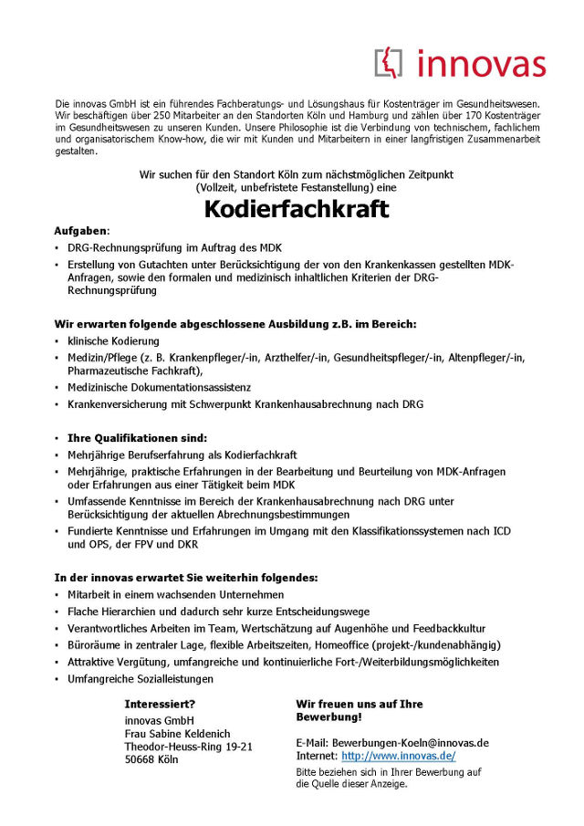 innovas GmbH, Köln: Kodierfachkraft (m/w)