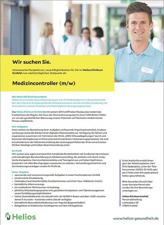 Helios Klinikum Krefeld: Medizincontroller (m/w)