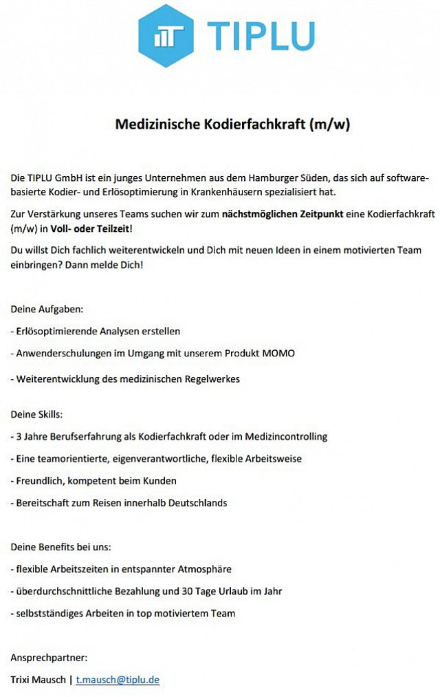Tiplu GmbH, Hamburg: Medizinische Kodierfachkraft (m/w)