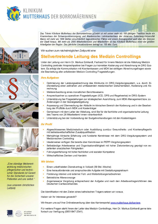 Klinikum Mutterhaus der Borromäerinnen gGmbH, Trier: Stellvertretende Leitung des Medizin Controllings (m/w)