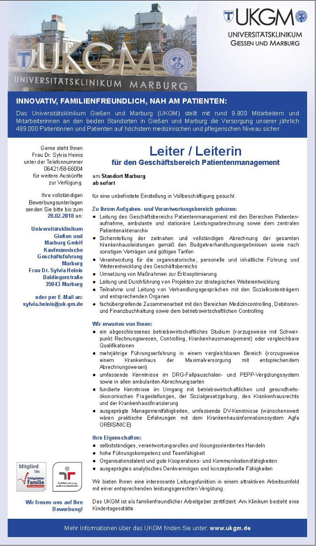 Universitätsklinikum Gießen und Marburg GmbH, Marburg: Leitung Geschäftsbereich Patientenmanagement (m/w)