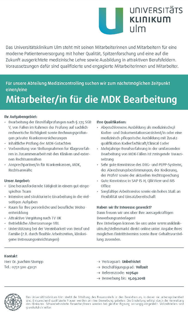 Universitätsklinikum Ulm: Mitarbeiter MDK-Bearbeitung (m/w)
