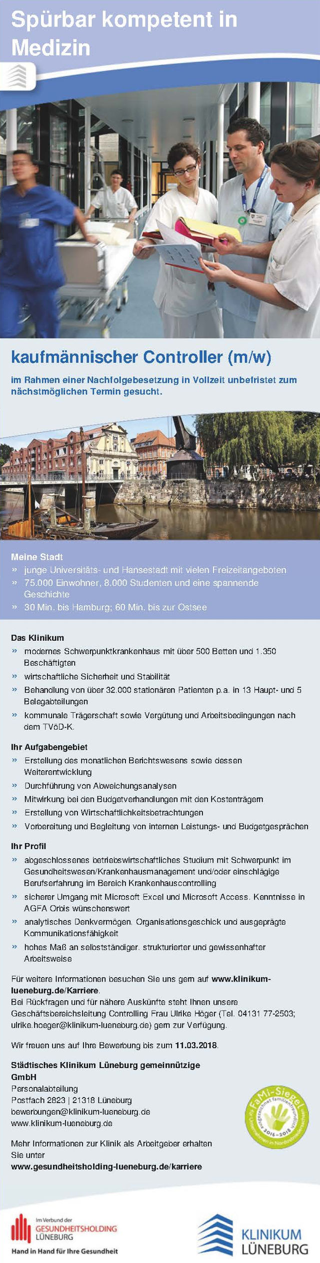 Städtisches Klinikum Lüneburg gGmbH: Kaufmännischer Controller (m/w)