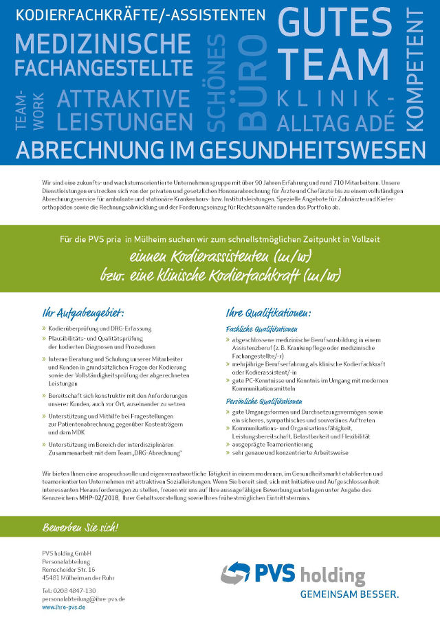 PVS Holding GmbH, Mülheim an der Ruhr: Kodierassistent / klinische Kodierfachkraft (m/w)