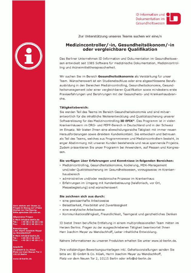 ID Information und Dokumentation im Gesundheitswesen GmbH, Berlin: Medizincontroller, Gesundheitsökonom o. vergleichbare Qualifikation (m/w)