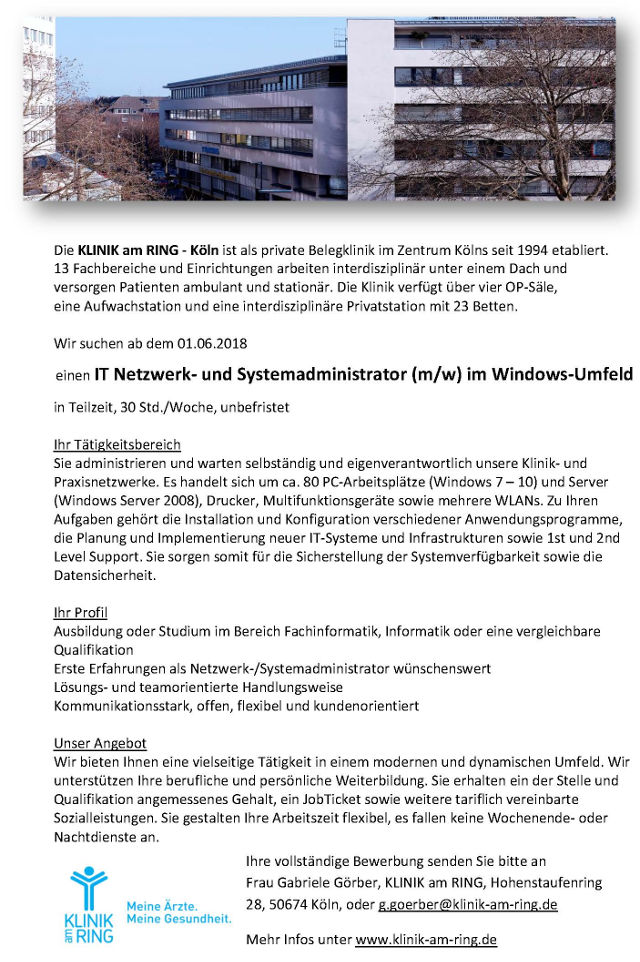KLINIK am RING, Köln: IT Netzwerk- und Systemadministrator (m/w)