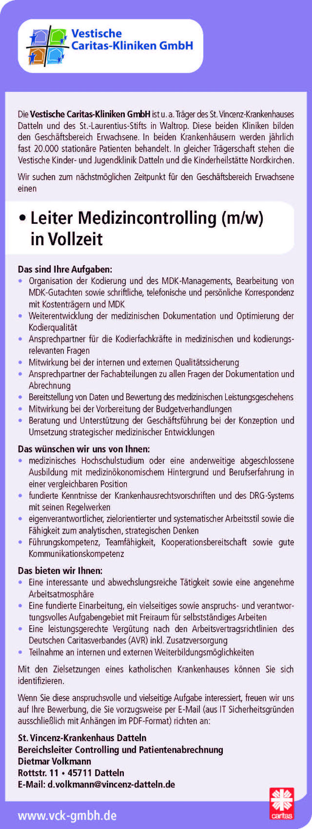 Vestische Caritas-Kliniken GmbH, Datteln: Leiter Medizincontrolling (m/w)