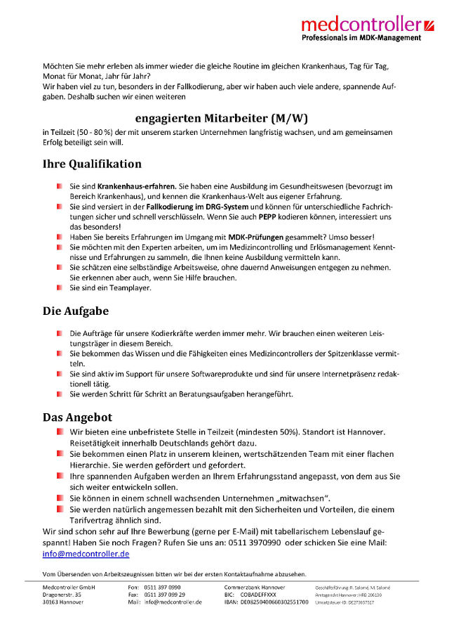 Medcontroller GmbH, Hannover: Engagierter Mitarbeiter in Teilzeit (50-80%) (m/w)
