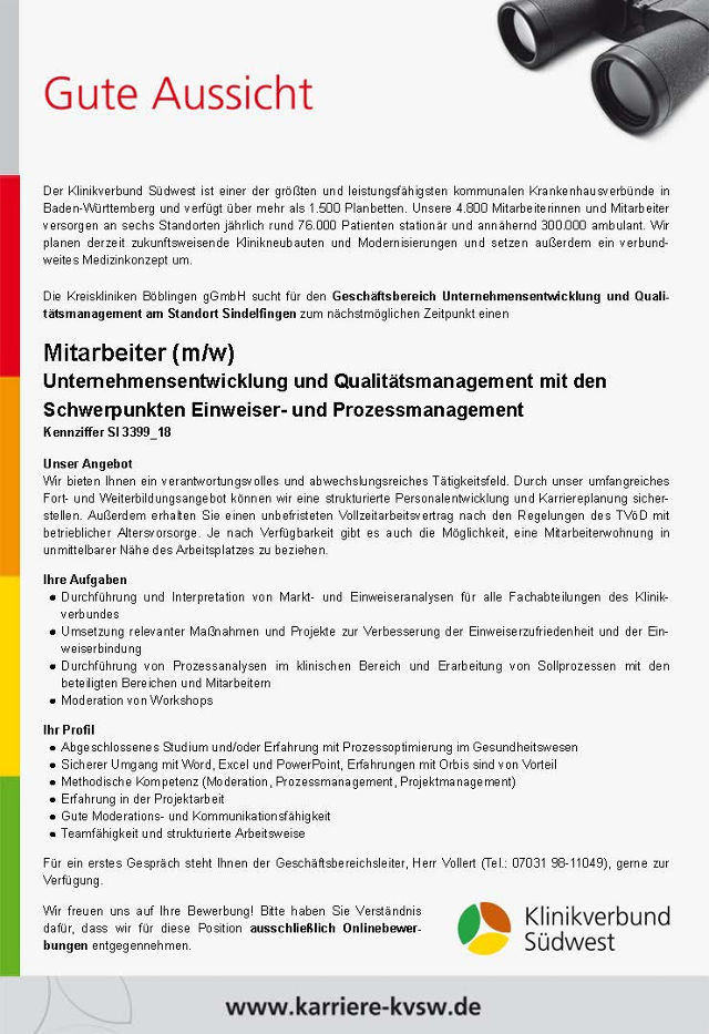 Kreiskliniken Böblingen gGmbH: Mitarbeiter Unternehmensentwicklung und Qualitätsmanagement (m/w)