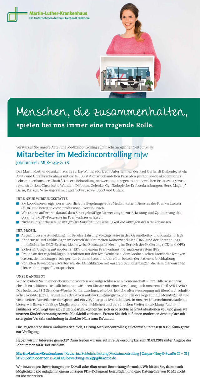 Martin-Luther-Krankenhaus, Berlin-Wilmersdorf: Mitarbeiter Medizincontrolling (w/m)