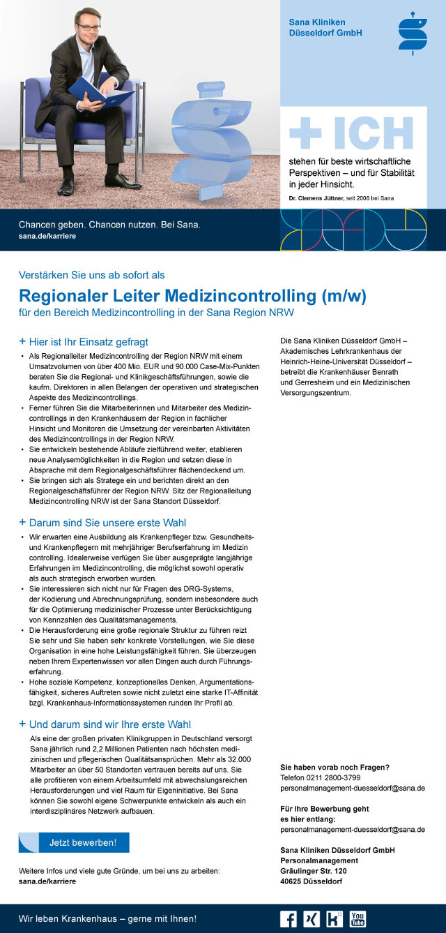 Sana Kliniken Düsseldorf GmbH: Regionaler Leiter Medizincontrolling (m/w)