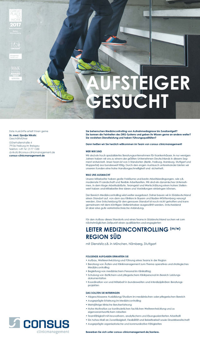 consus clinicmanagement GmbH, Freiburg: Leiter Medizincontrolling Region Süd (m/w)