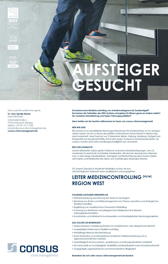 consus clinicmanagement GmbH, Freiburg: Leiter Medizincontrolling Region West (m/w)