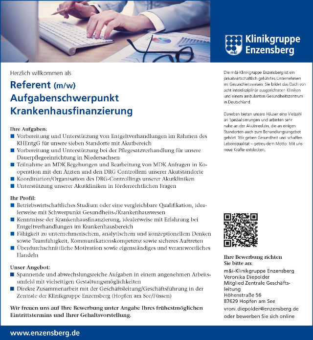 m&i-Klinikgruppe Enzensberg, Hopfen am See: Referent Aufgabenschwerpunkt Krankenhausfinanzierung (m/w)
